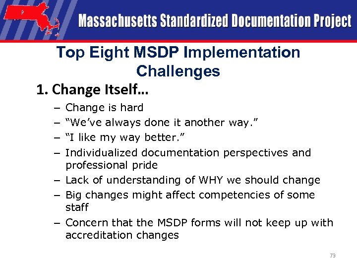 Top Eight MSDP Implementation Challenges 1. Change Itself… Change is hard “We’ve always done
