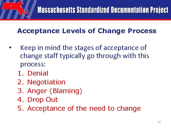 Acceptance Levels of Change Process • Keep in mind the stages of acceptance of