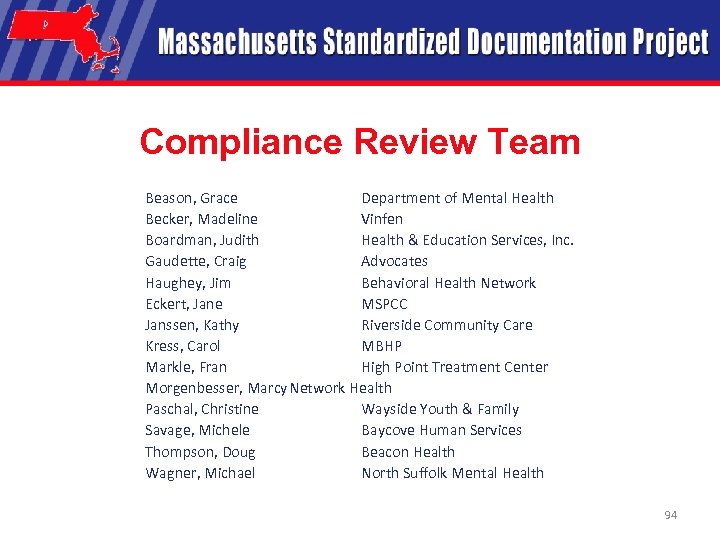 Compliance Review Team Beason, Grace Department of Mental Health Becker, Madeline Vinfen Boardman, Judith