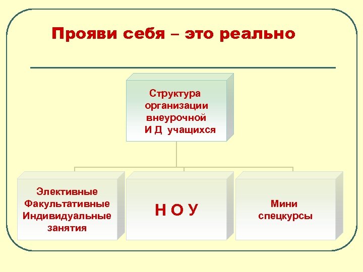 Прояви себя – это реально Структура организации внеурочной И Д учащихся Элективные Факультативные Индивидуальные