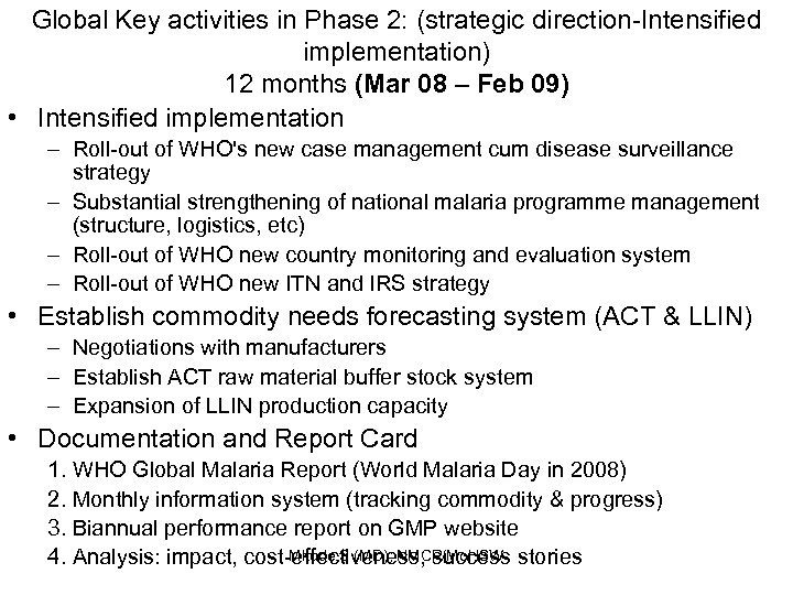 Global Key activities in Phase 2: (strategic direction-Intensified implementation) 12 months (Mar 08 –