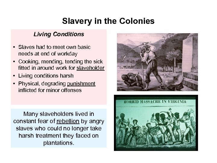 Slavery in the Colonies Living Conditions • Slaves had to meet own basic needs