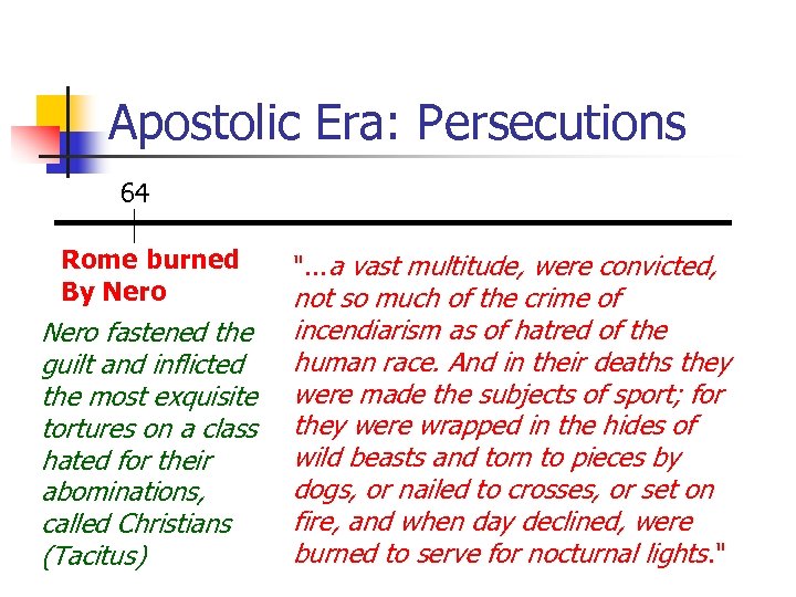 Apostolic Era: Persecutions 64 Rome burned By Nero fastened the guilt and inflicted the