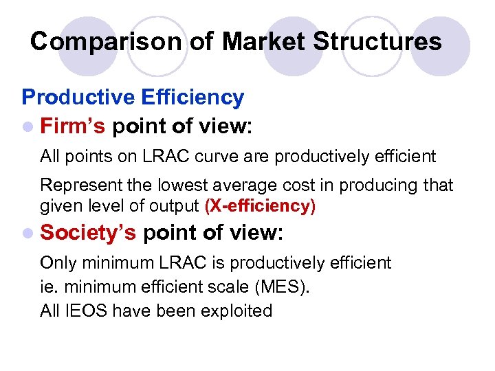 Comparison of Market Structures Productive Efficiency l Firm’s point of view: All points on