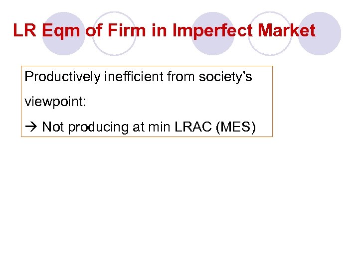 LR Eqm of Firm in Imperfect Market Productively inefficient from society’s viewpoint: Not producing