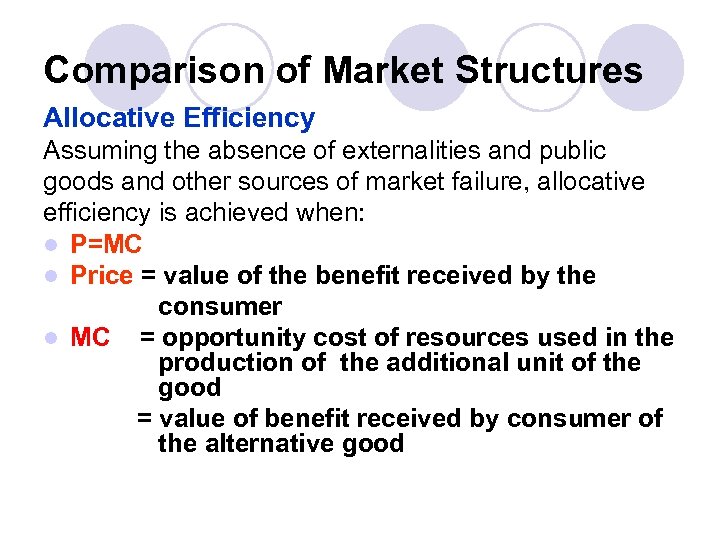 Comparison of Market Structures Allocative Efficiency Assuming the absence of externalities and public goods