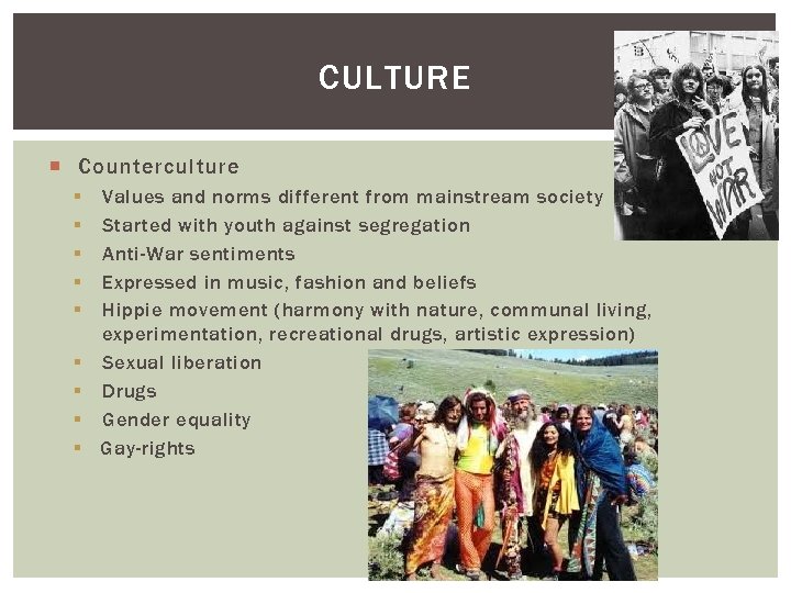 CULTURE Counterculture § § § § § Values and norms different from mainstream society