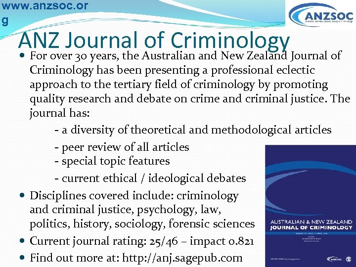 www. anzsoc. or g ANZ Journal of Criminology For over 30 years, the Australian
