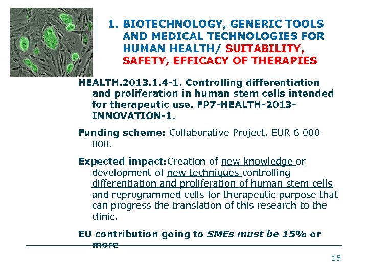 1. BIOTECHNOLOGY, GENERIC TOOLS AND MEDICAL TECHNOLOGIES FOR HUMAN HEALTH/ SUITABILITY, SAFETY, EFFICACY OF