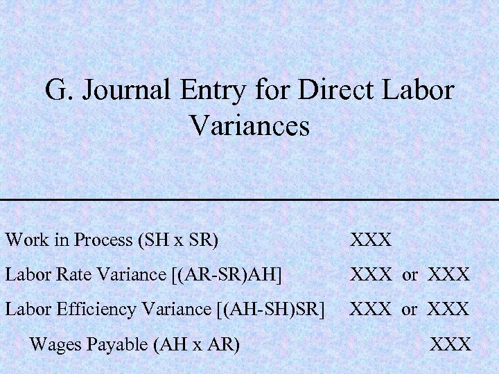 G. Journal Entry for Direct Labor Variances Work in Process (SH x SR) XXX