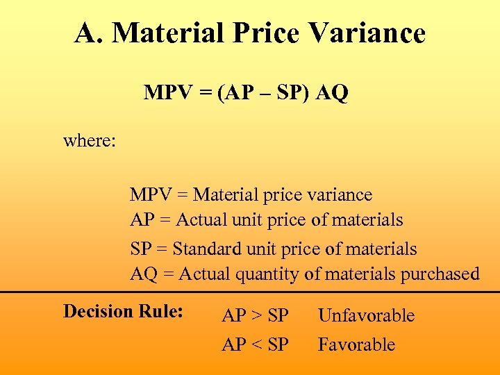 A. Material Price Variance MPV = (AP – SP) AQ where: MPV = Material