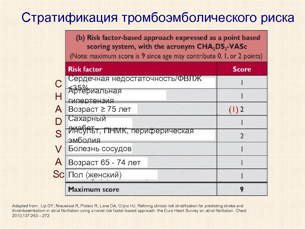 Стратификация тромбоэмболического риска C H A D S V A Sc Сердечная недостаточность/ФВЛЖ <35%