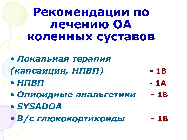 Рекомендации по лечению ОА коленных суставов • Локальная терапия (капсаицин, НПВП) • НПВП •