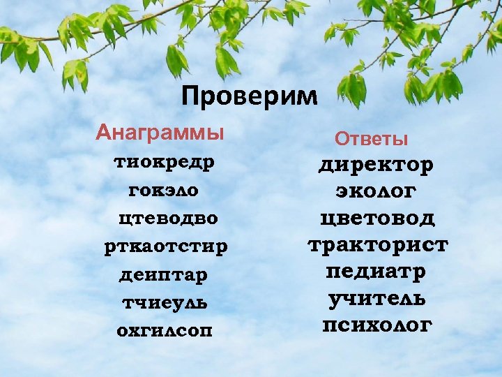 Проверим Анаграммы тиокредр гокэло цтеводво рткаотстир деиптар тчиеуль охгилсоп Ответы директор эколог цветовод тракторист