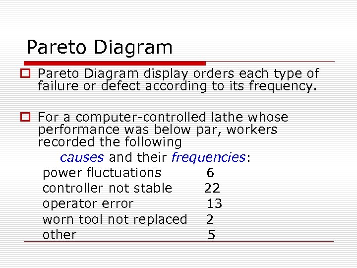 Pareto Diagram o Pareto Diagram display orders each type of failure or defect according