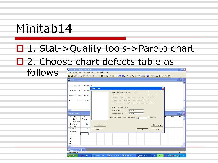 Minitab 14 o 1. Stat->Quality tools->Pareto chart o 2. Choose chart defects table as