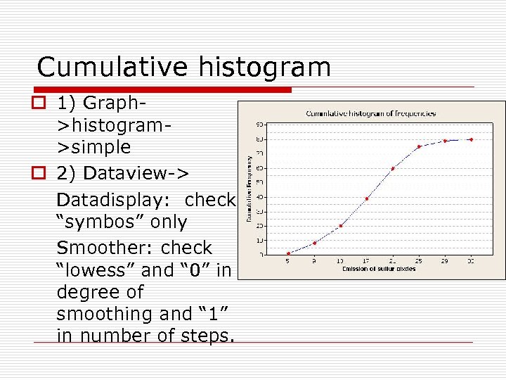 Cumulative histogram o 1) Graph>histogram>simple o 2) Dataview-> Datadisplay: check “symbos” only Smoother: check