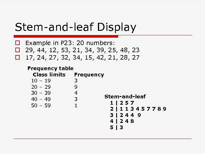 Stem-and-leaf Display o Example in P 23: 20 numbers: o 29, 44, 12, 53,