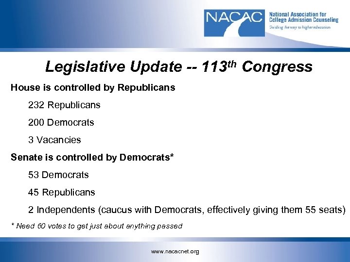 Legislative Update -- 113 th Congress House is controlled by Republicans 232 Republicans 200