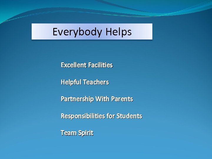 Everybody Helps Excellent Facilities Helpful Teachers Partnership With Parents Responsibilities for Students Team Spirit