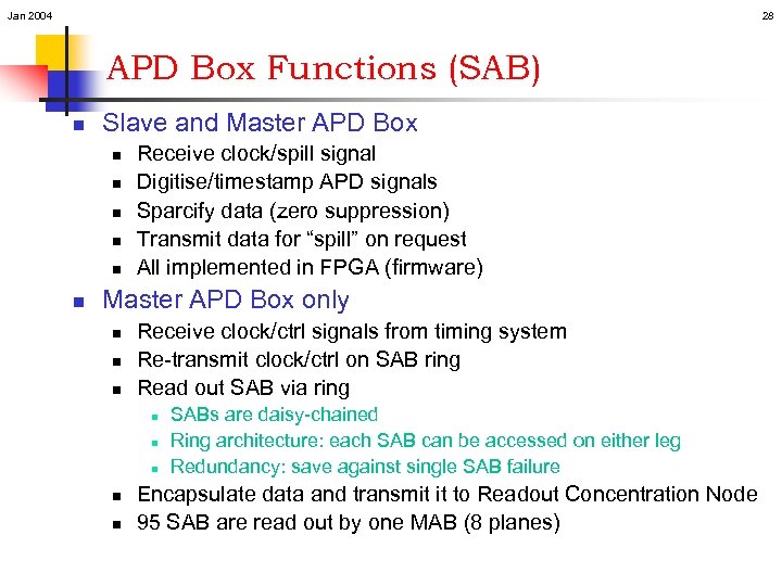 Jan 2004 28 APD Box Functions (SAB) n Slave and Master APD Box n