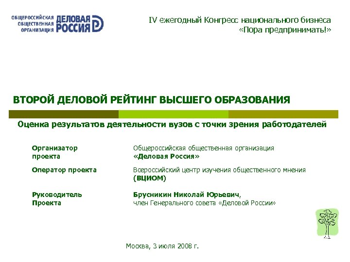 IV ежегодный Конгресс национального бизнеса «Пора предпринимать!» ВТОРОЙ ДЕЛОВОЙ РЕЙТИНГ ВЫСШЕГО ОБРАЗОВАНИЯ Оценка результатов