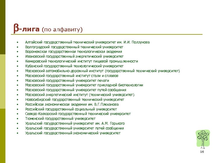  -лига (по алфавиту) • • • • • Алтайский государственный технический университет им.