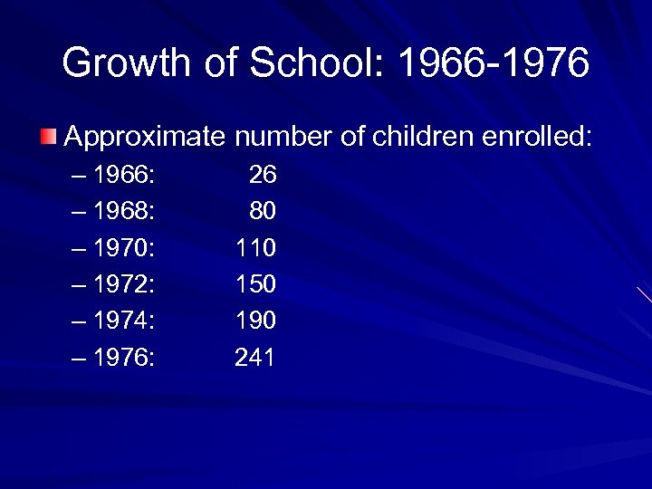 Growth of School: 1966 -1976 Approximate number of children enrolled: – 1966: – 1968: