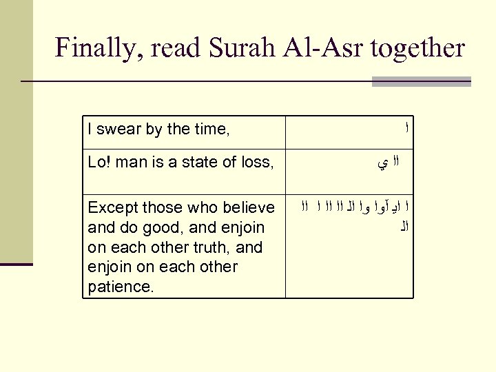 Finally, read Surah Al-Asr together I swear by the time, ﺍ Lo! man is