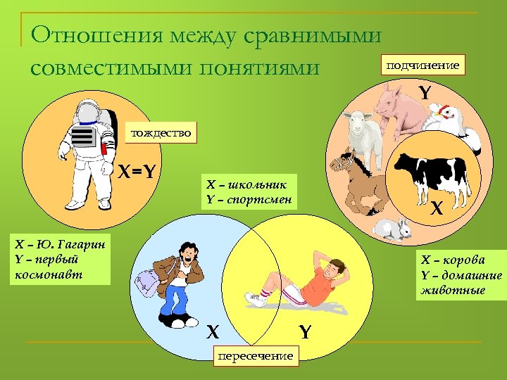 Отношения между сравнимыми подчинение совместимыми понятиями Y тождество X=Y X – школьник Y –