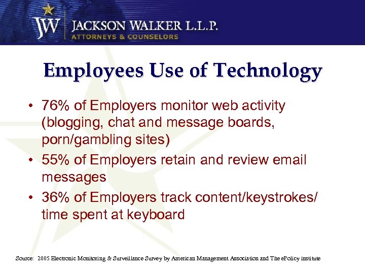Employees Use of Technology • 76% of Employers monitor web activity (blogging, chat and