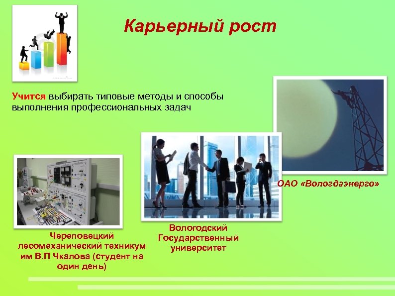 Карьерный рост Учится выбирать типовые методы и способы выполнения профессиональных задач ОАО «Вологдаэнерго» Череповецкий