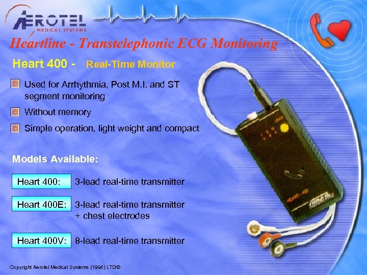 Heartline - Transtelephonic ECG Monitoring Heart 400 - Real-Time Monitor Used for Arrhythmia, Post