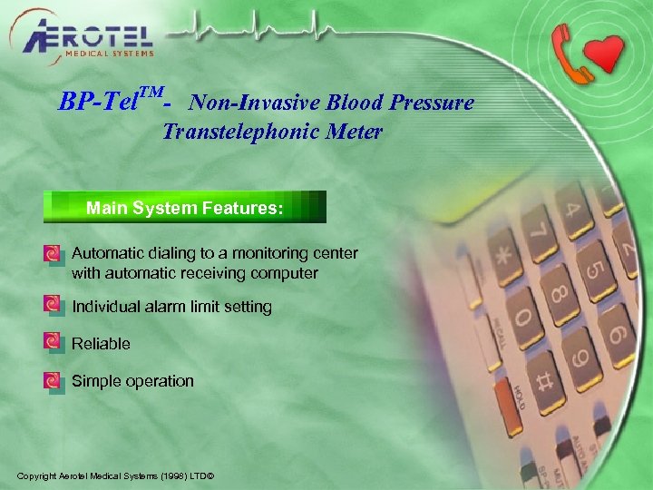 TM BP-Tel - Non-Invasive Blood Pressure Transtelephonic Meter Main System Features: Automatic dialing to