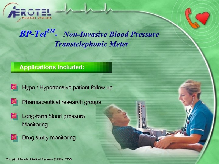 TM BP-Tel - Non-Invasive Blood Pressure Transtelephonic Meter Applications Included: Hypo / Hypertensive patient