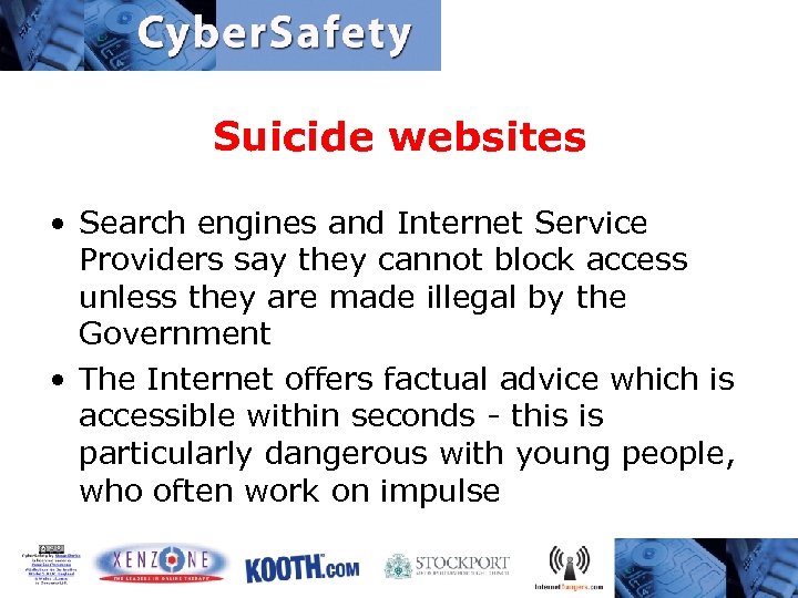 Suicide websites • Search engines and Internet Service Providers say they cannot block access