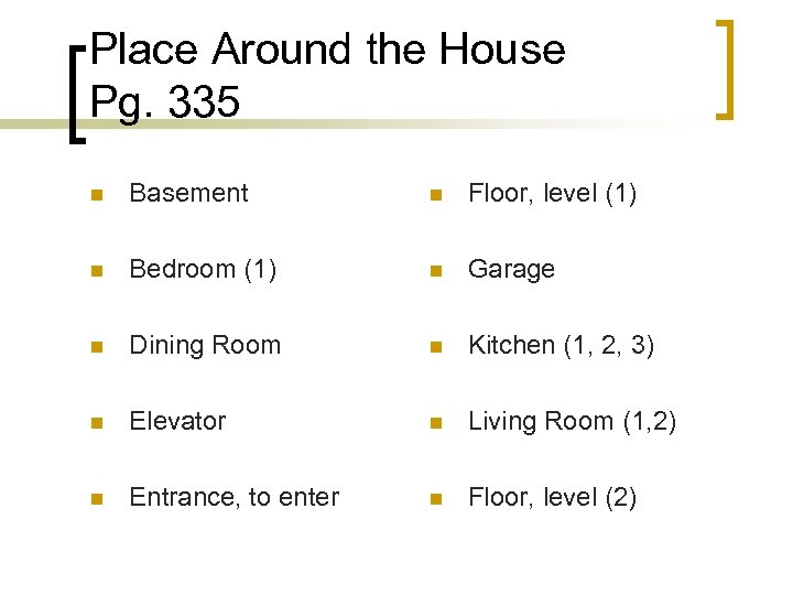 Place Around the House Pg. 335 n Basement n Floor, level (1) n Bedroom