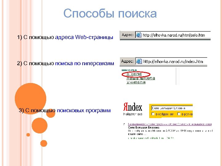 Способы поиска 1) С помощью адреса Web-страницы 2) С помощью поиска по гиперсвязям 3)