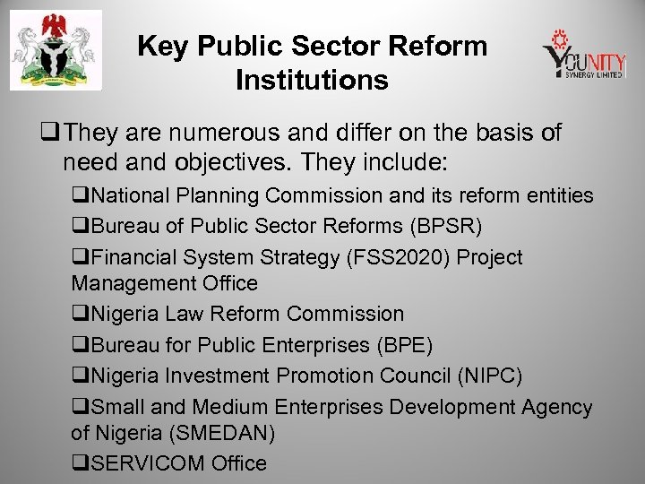 Key Public Sector Reform Institutions q They are numerous and differ on the basis