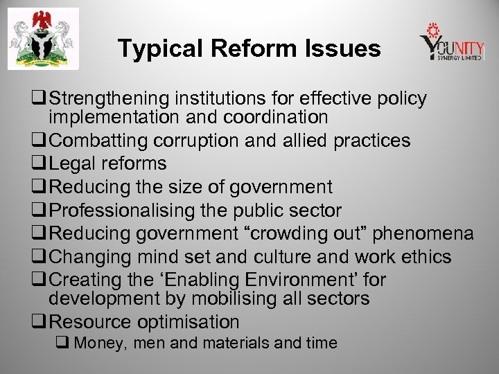 Typical Reform Issues q Strengthening institutions for effective policy implementation and coordination q Combatting