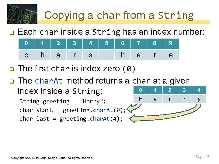 Copying a char from a String q Each char inside a String has an