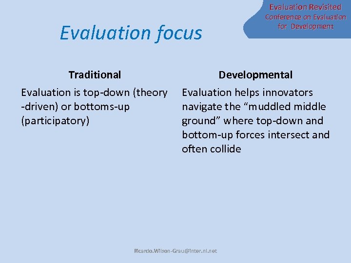 Evaluation Revisited Evaluation focus Conference on Evaluation for Development Traditional Developmental Evaluation is top-down