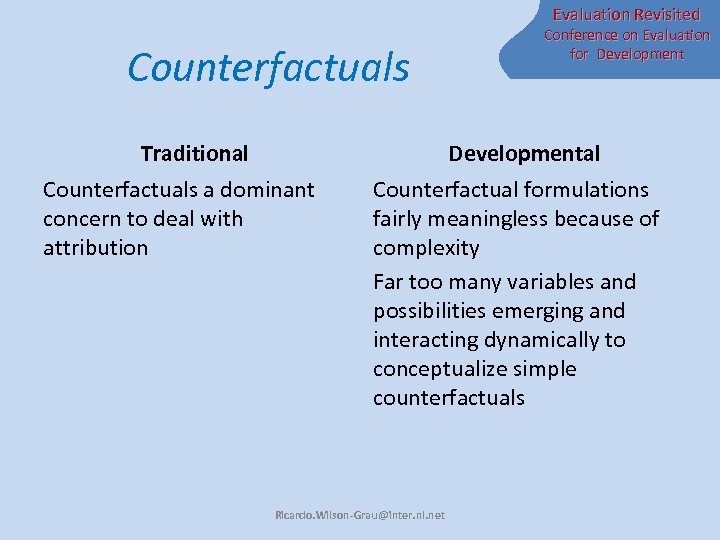 Evaluation Revisited Counterfactuals Traditional Conference on Evaluation for Developmental Counterfactuals a dominant concern to