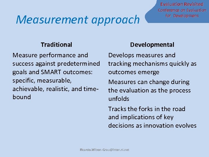 Evaluation Revisited Measurement approach Conference on Evaluation for Development Traditional Developmental Measure performance and