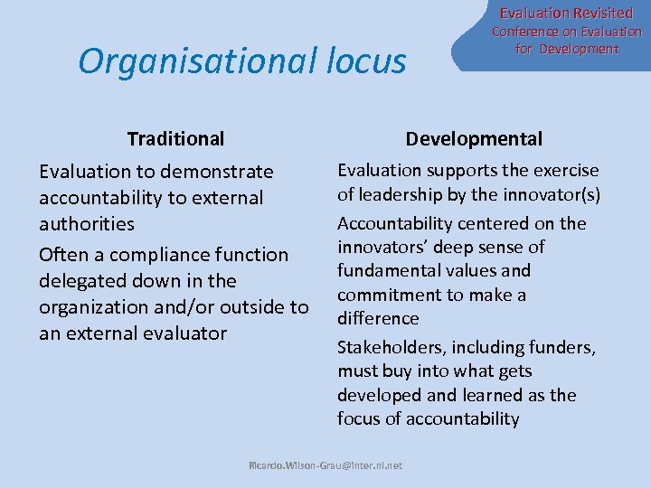 Evaluation Revisited Organisational locus Conference on Evaluation for Development Traditional Developmental Evaluation to demonstrate