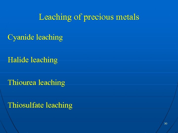 Leaching of precious metals Cyanide leaching Halide leaching Thiourea leaching Thiosulfate leaching 30 