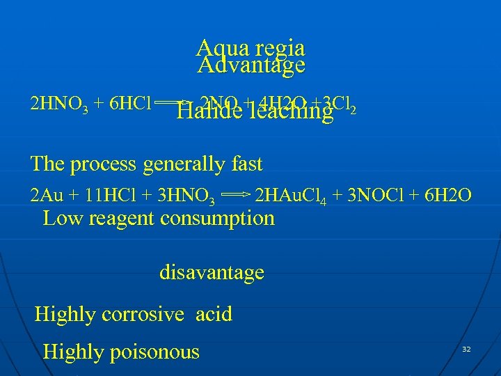 Aqua regia Advantage 2 HNO 3 + 6 HCl 2 NO 4 H 2