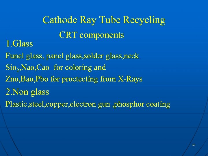 Cathode Ray Tube Recycling 1. Glass CRT components Funel glass, panel glass, solder glass,