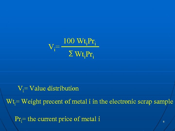 Vi = 100 Wti. Pri ∑ Wti. Pri Vi= Value distribution Wti= Weight precent