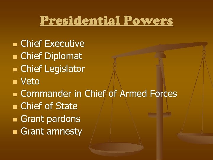 Presidential Powers n n n n Chief Executive Chief Diplomat Chief Legislator Veto Commander